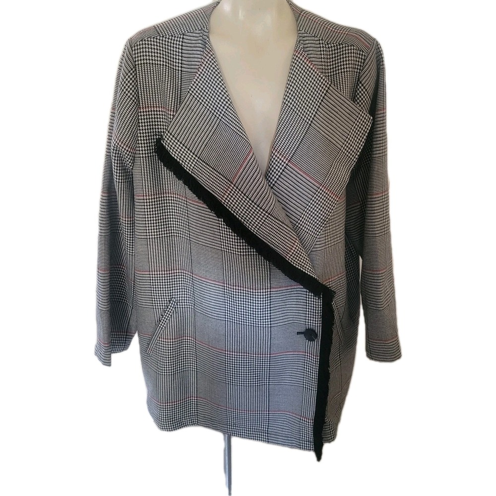 LAURIE felt Houndstooth Plaid Fringe‎ Asymmetrical Blazer Jacket Business Casual